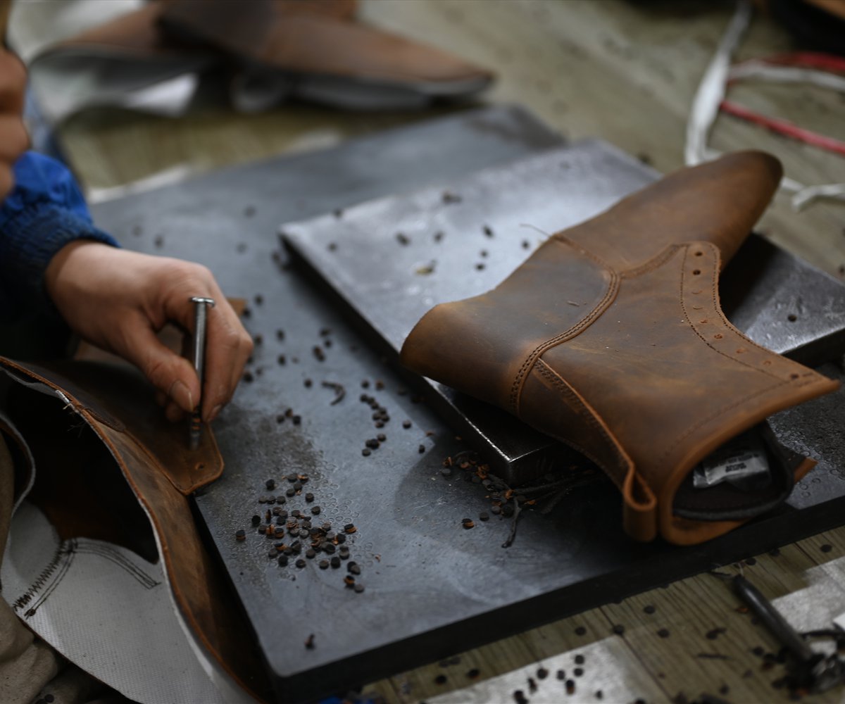 Stitched leather work boot upper ready for lasting
