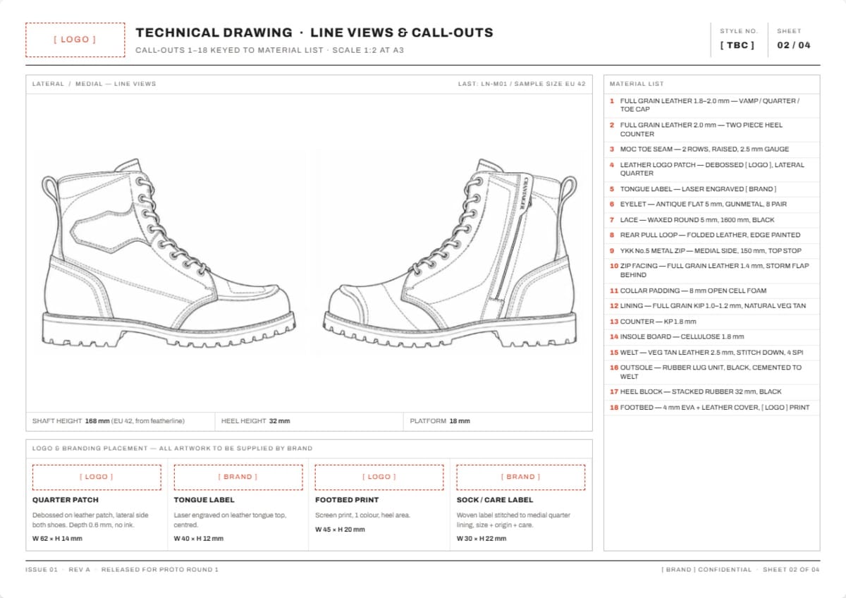 Footwear technical drawing with line views and a numbered material list
